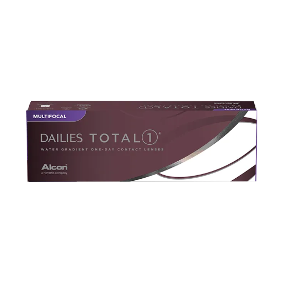 The box for Dailies Total 1 Multifocal (30 pack) by Alcon has a purple design and includes the phrases Water Gradient Technology and One-Day Contact Lenses.