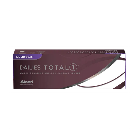 The box for Dailies Total 1 Multifocal (30 pack) by Alcon has a purple design and includes the phrases Water Gradient Technology and One-Day Contact Lenses.