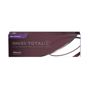 The box for Dailies Total 1 Multifocal (30 pack) by Alcon has a purple design and includes the phrases Water Gradient Technology and One-Day Contact Lenses.