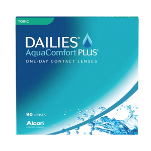 The Dailies AquaComfort Plus Toric (90-pack) by Alcon features 90 blue and teal daily disposable lenses for astigmatism correction, displaying a water splash graphic and the brand logo Alcon, a Novartis company at the bottom.