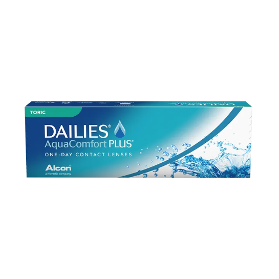 Alcons Dailies AquaComfort Plus Toric (30-pack) for astigmatism come in a blue and white box with water imagery, offering daily disposable lenses.