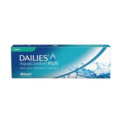 Alcons Dailies AquaComfort Plus Toric (30-pack) for astigmatism come in a blue and white box with water imagery, offering daily disposable lenses.