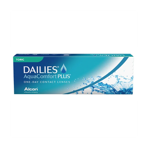 Alcons Dailies AquaComfort Plus Toric (30-pack) for astigmatism come in a blue and white box with water imagery, offering daily disposable lenses.