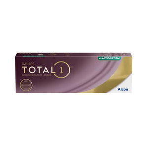 The Alcon Dailies Total 1 for Astigmatism (30 Pack) features toric lenses. Its packaging includes a dark to light gradient with gold accents and a green label indicating astigmatism suitability.