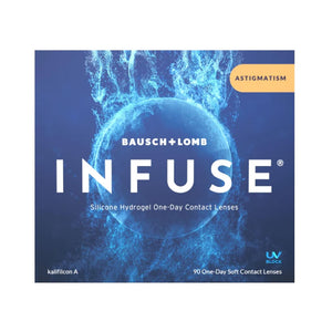 The packaging of Infuse for Astigmatism by Bausch & Lomb (90 pack) showcases a blue water splash design, features UV blocking, and indicates 90 one-day soft toric lenses.