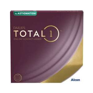 The image features a burgundy and gold box of Alcons Dailies Total 1 for Astigmatism (90 Pack). These daily disposable lenses use SmarTears Technology for comfort.