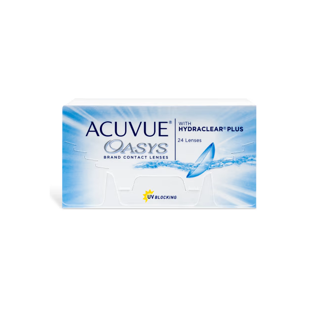 The Acuvue Oasys 24 Pack, from Acuvue, includes 24 lenses featuring HYDRACLEAR® PLUS Technology and an effective UV blocker, with packaging that highlights a water design.