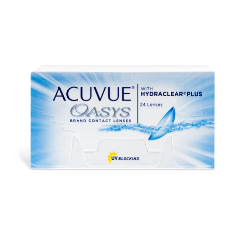 The Acuvue Oasys 24 Pack, from Acuvue, includes 24 lenses featuring HYDRACLEAR® PLUS Technology and an effective UV blocker, with packaging that highlights a water design.