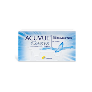 The Acuvue Oasys 24 Pack, from Acuvue, includes 24 lenses featuring HYDRACLEAR® PLUS Technology and an effective UV blocker, with packaging that highlights a water design.