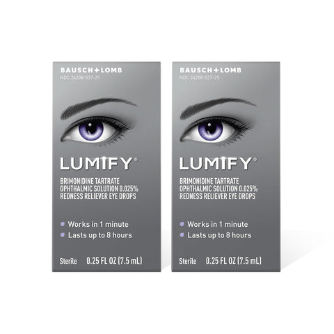 Two boxes of Lumify Redness Reliever Twin Pack (7.5mL x 2) by Bausch & Lomb featuring an illustrated eye, contain Brimonidine Tartrate 0.025% for redness relief in 1 minute, lasting up to 8 hours.