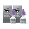 Two boxes of Lumify Redness Reliever Twin Pack (7.5mL x 2) by Bausch & Lomb feature eye images on the packaging and highlight fast-acting redness relief in just one minute, lasting up to eight hours. In front are two bottles with purple caps.