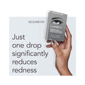 A hand holds a box of Bausch & Lomb Lumify Redness Reliever Twin Pack (7.5mL x 2), labeled for its ability to reduce redness with just one drop, working in 1 minute and lasting up to 8 hours, featuring an image highlighting its redness relief benefits.