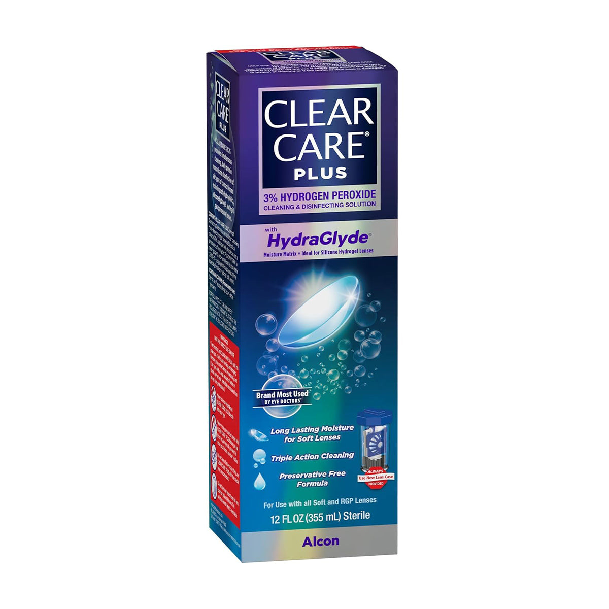 The 12 oz Clear Care Plus Cleaning Solution with Lens Case by Alcon provides long-lasting moisture and effective hydrogen peroxide cleaning. The packaging is mainly blue and purple, depicting a contact lens surrounded by cleansing bubbles.