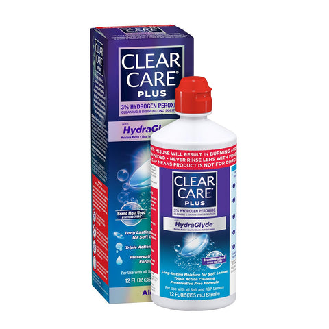 A bottle of Alcons Clear Care Plus Cleaning Solution with Lens Case (12 Oz) sits in front of its box, highlighting its 3% hydrogen peroxide formula for effective lens disinfection.