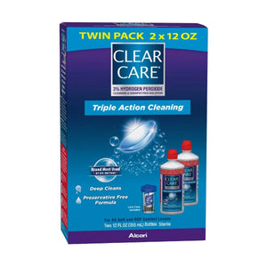 An image showcases Alcons Clear Care Triple Action Cleaning and Disinfecting Solution with Case, Twin Pack, featuring two 12 oz bottles. The preservative-free formula on blue packaging displays crisp white text and includes a lens case.