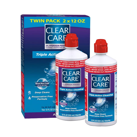 Two 12 oz bottles of Alcons Clear Care Triple Action Solution, each part of a twin pack, boast a preservative-free formula with 3% hydrogen peroxide for thorough contact lens cleaning.