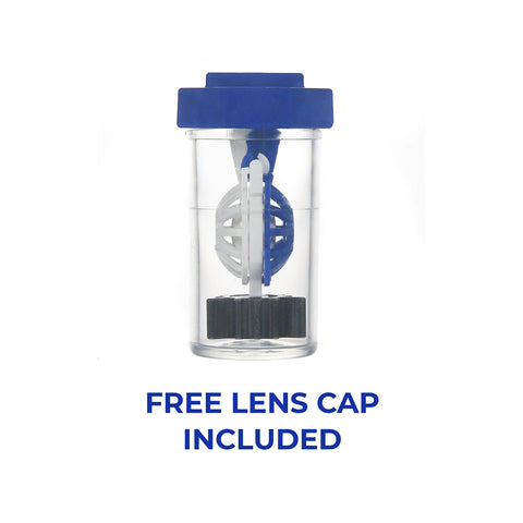 The Alcon Clear Care Triple Action Cleaning and Disinfecting Solution, offered in a twin pack with 12 oz bottles, comes with a transparent container and blue lid. It features lens cleaning tools, including a small holder with soft grips. A free lens cap is included for spotless lenses every time.