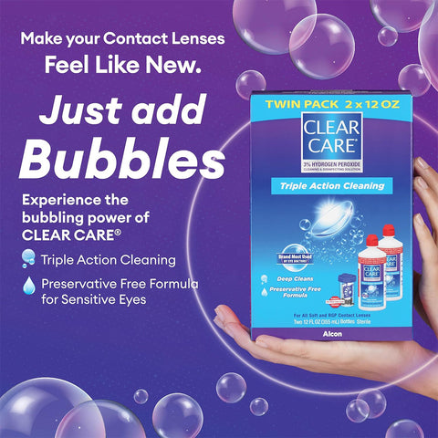 A hand holds a box of Alcon’s Clear Care Triple Action Cleaning and Disinfecting Solution against a purple bubble background. Text highlights the hydrogen peroxide cleaning and preservative-free formula, ideal for sensitive eyes. Comes as a twin pack, each 12 Oz with case.