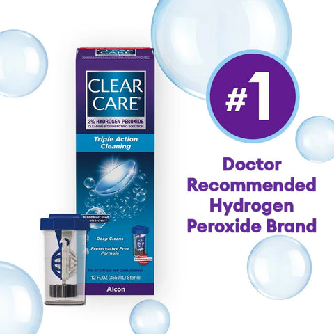 Image of an Alcon Clear Care Triple Action Cleaning and Disinfecting Solution box with attached case, Twin Pack, 12 Oz each. As the top doctor-recommended hydrogen peroxide cleaning brand, it features a preservative-free formula with bubbles adorning the background.