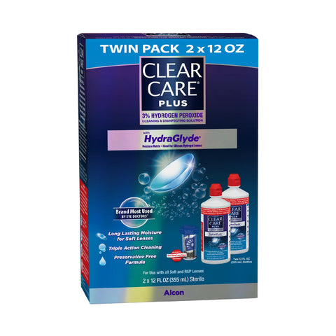 The Clear Care Plus Cleaning Solution by Alcon includes a twin pack with two 12 oz bottles. Designed for soft and RGP lenses, it uses 3% hydrogen peroxide for triple-action cleaning and long-lasting moisture. Each bottle comes with a blue cap and lens case, featuring HydraGlyde® technology.