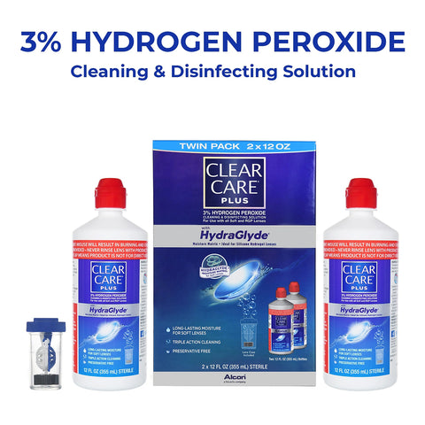 Image of an Alcon Clear Care Plus Twin Pack showcasing two 12 oz bottles with a lens case. Features emphasize HydraGlyde® solution, 3% hydrogen peroxide for enhanced lens comfort, and effective triple-action cleaning.