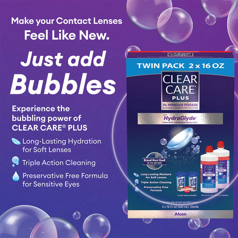 An Alcon promotional image features the Clear Care Plus Cleaning Solution with Lens Case, Twin Pack. It highlights HydraGlyde® for lasting hydration and effective hydrogen peroxide cleaning. The preservative-free formula ensures triple action cleaning against a bubbly backdrop.