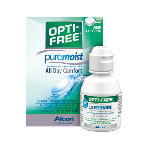 Image of a 2oz Opti-Free with Pure Moist Disinfecting Contact Lens Solution with Case by Alcon. It features their multi-purpose solution in a green and white design, highlighting All Day Comfort with HydraGlyde Moisture Matrix for silicone hydrogel and soft lenses.