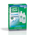 Image of a green and white Opti-Free Puremoist Multi-Purpose Disinfecting Solution box featuring HydraGlyde Moisture Matrix for all-day comfort. The twin pack includes two 10 fl oz bottles and a lens case. Made by Alcon.