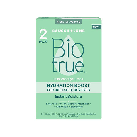 Image of Biotrue Hydration Boost Eye Drops box by Bausch & Lomb. This preservative-free, two-pack (600+ drops) is perfect for dry eyes, offering instant moisture. Enriched with hyaluronic acid, it provides antioxidant and electrolyte benefits. Soft contact lens friendly.