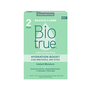 Image of Biotrue Hydration Boost Eye Drops box by Bausch & Lomb. This preservative-free, two-pack (600+ drops) is perfect for dry eyes, offering instant moisture. Enriched with hyaluronic acid, it provides antioxidant and electrolyte benefits. Soft contact lens friendly.