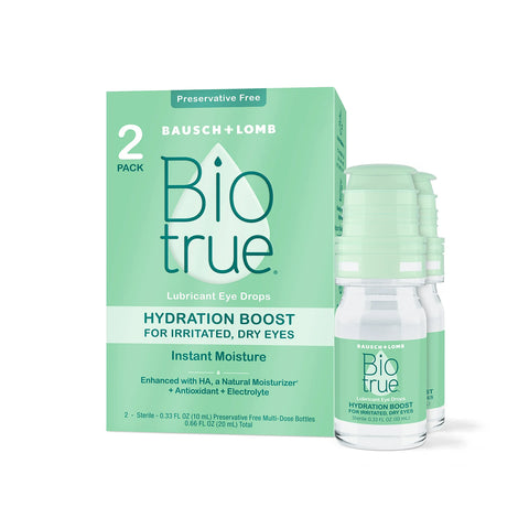 The packaging of Bausch & Lombs Biotrue Hydration Boost Eye Drops, suitable for soft contact lens users, promises relief for dry eyes. The green box highlights Preservative Free and Instant Moisture, with two 10 mL clear bottles capped in green included in the pack of 2 (600+ drops).