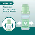 Image of a Bausch & Lomb Biotrue Hydration Boost Eye Drops bottle with a green cap. Instructions: Replace cap, set aside to reinflate. Arrows guide the cap removal and reinflation process, ideal for soothing dry eyes.