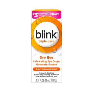 The Blink Triple Care 3 in 1 Eye Drops by Bausch & Lomb are packaged in a white box with orange accents and feature a $3 savings sticker. They offer 3-in-1 Extended Relief for moderate-severe dry eyes, utilizing moisture seal technology, and contain 0.34 fl oz (10 mL).