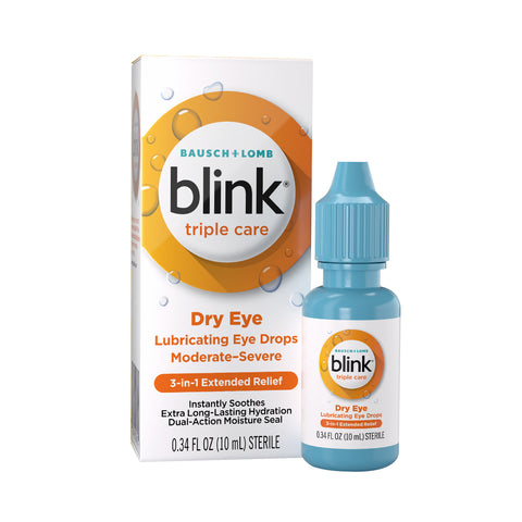 Image of Bausch & Lomb Blink Triple Care 3 in 1 Eye Drops with packaging and a small blue bottle highlighted. Features include Moderate-Severe, 3-in-1 Extended Relief, and Instantly Soothes using advanced moisture seal technology. The bottle size is 0.34 fl oz (10 mL).