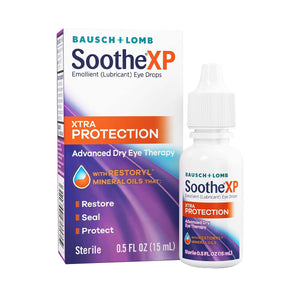 The image displays a box and bottle of Bausch & Lomb Soothe XP Lubricant Eye Drops, Xtra Protection Formula (15 ml). It features advanced dry eye therapy using Restoryl mineral oils to restore, seal, and protect.