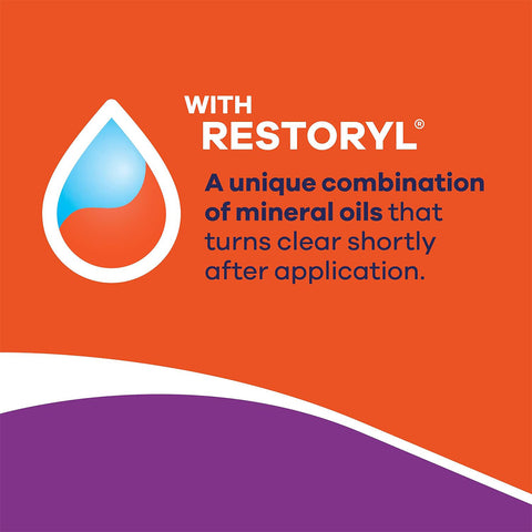 An orange background features a blue and red droplet icon with text: With RESTORYL® mineral oils. This unique formula clears shortly after application, soothing dry eyes. White and purple curves at the bottom suggest the gentle touch of Bausch & Lomb Soothe XP Lubricant Eye Drops.