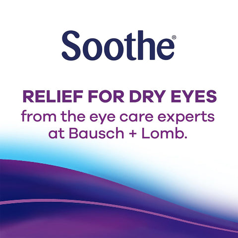 Bausch & Lomb Soothe XP Lubricant Eye Drops, Xtra Protection Formula (15 ml), offers dry eye relief with Restoryl mineral oils, set against a blue-purple gradient.