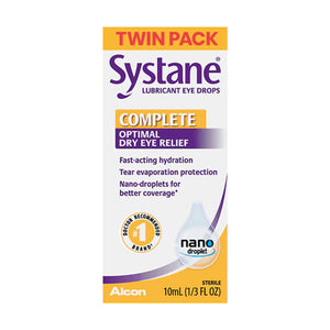 A Systane Complete Lubricant Eye Drops twin pack from Alcon, featuring two 10ml bottles, highlights Complete Optimal Dry Eye Relief with fast-acting nano-droplet hydration for swift symptom relief.