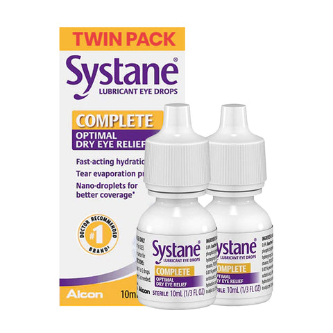 Alcons Systane Complete twin pack includes two 10ml bottles of lubricant eye drops with nano-droplets technology, offering fast-acting hydration and tear evaporation protection for optimal dry eye relief.