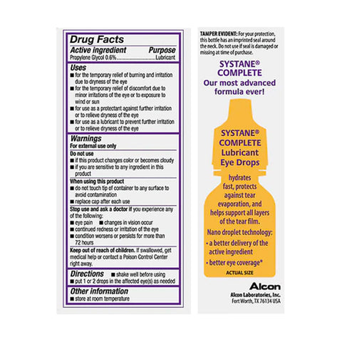 The image shows the packaging label for Alcons Systane Complete Lubricant Eye Drops (10ml bottle) with drug facts, uses, warnings, and directions. It emphasizes Advanced Dry Eye Relief with Nano-Droplet Technology for long-lasting hydration and eye surface protection.