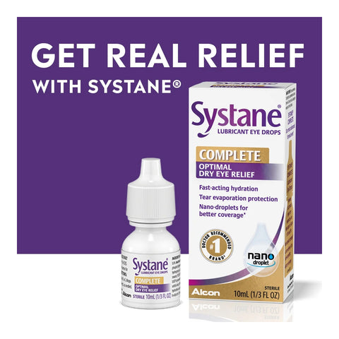 Image of Alcons Systane Complete Lubricant Eye Drops (10ml bottle) and packaging against a purple background, highlighting fast-acting hydration, tear evaporation protection, and advanced dry eye relief with innovative Nano-Droplet Technology.