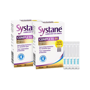 Two boxes of Alcons Systane Complete Preservative-Free Lubricant Eye Drops (2x30ct) are shown with five single-use vials. The packaging highlights preservative-free and fast-acting hydration for sensitive eyes, ensuring effective dry eye relief.