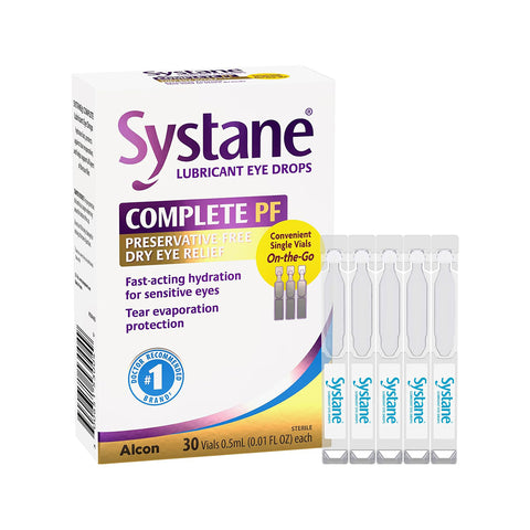 Systane Complete Preservative-Free Lubricant Eye Drops by Alcon delivers dry eye relief with 30 single-use vials. Each vial provides fast hydration for sensitive eyes and tear evaporation protection, ensuring optimal comfort, highlighting all soothing benefits on the packaging.