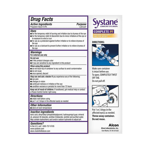 Packaging for Systane Complete Preservative-Free Lubricant Eye Drops 30ct Vials by Alcon includes drug facts, active ingredients, purposes, dosages, warnings, usage directions, manufacturers contact info, and a diagram on cap removal. Ideal for dry eye relief with preservative-free drops.