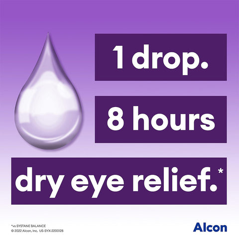 An ad shows a clear droplet on a purple gradient background, reading: 1 drop. 8 hours dry eye relief with preservative-free eye drops. The brand name Alcon appears in the bottom right corner.