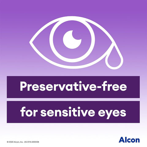 An illustration of a teardrop eye on a purple gradient background with text: Systane Complete Preservative-Free Lubricant Eye Drops 60ct Vials (2x30 Ct) offer sensitive eyes relief. Single-use vials ensure purity. Alcon logo in the bottom right corner.