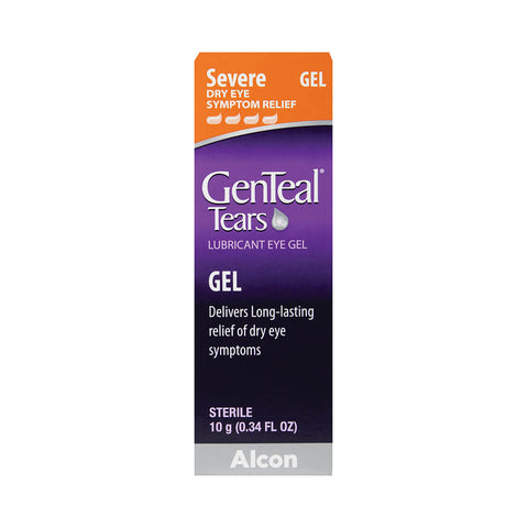 Image of Alcons GenTeal Tears Severe Dry Eye Nighttime Gel box in purple with an orange top. It is labeled for Severe Dry Eye Symptom Relief, offering long-lasting relief, with a net weight of 10g.