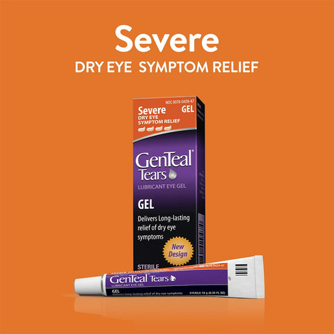 Image of GenTeal Tears Severe Dry Eye Nighttime Gel packaging by Alcon. The box and tube on an orange background promise Severe Dry Eye Symptom Relief with Long-lasting relief, featuring a potent lubricant gel for ultimate comfort.