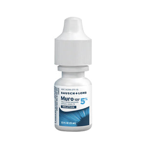 A white dropper bottle labeled Muro 128 Eye Drops by Bausch & Lomb for temporary relief of corneal edema, featuring a Sodium Chloride 5% formula in a 15 ml size with blue accents and text, and sealed with a white cap.