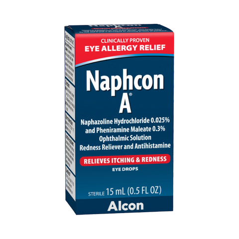 Naphcon A Redness Reliever Eye Drops by Alcon, in a 15mL bottle, offers antihistamine relief from eye allergies, itching, and redness. It contains 0.025% Naphazoline Hydrochloride and 0.3% Pheniramine Maleate. Includes a $3 coupon for added savings.